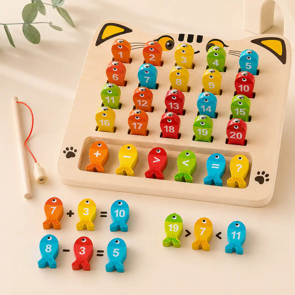 Wooden magnetic numbers fishing board with math symbols and 1 to 20 fish