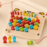 Both magnetic fishing rod and wand in use on the wooden alphabet fishing game