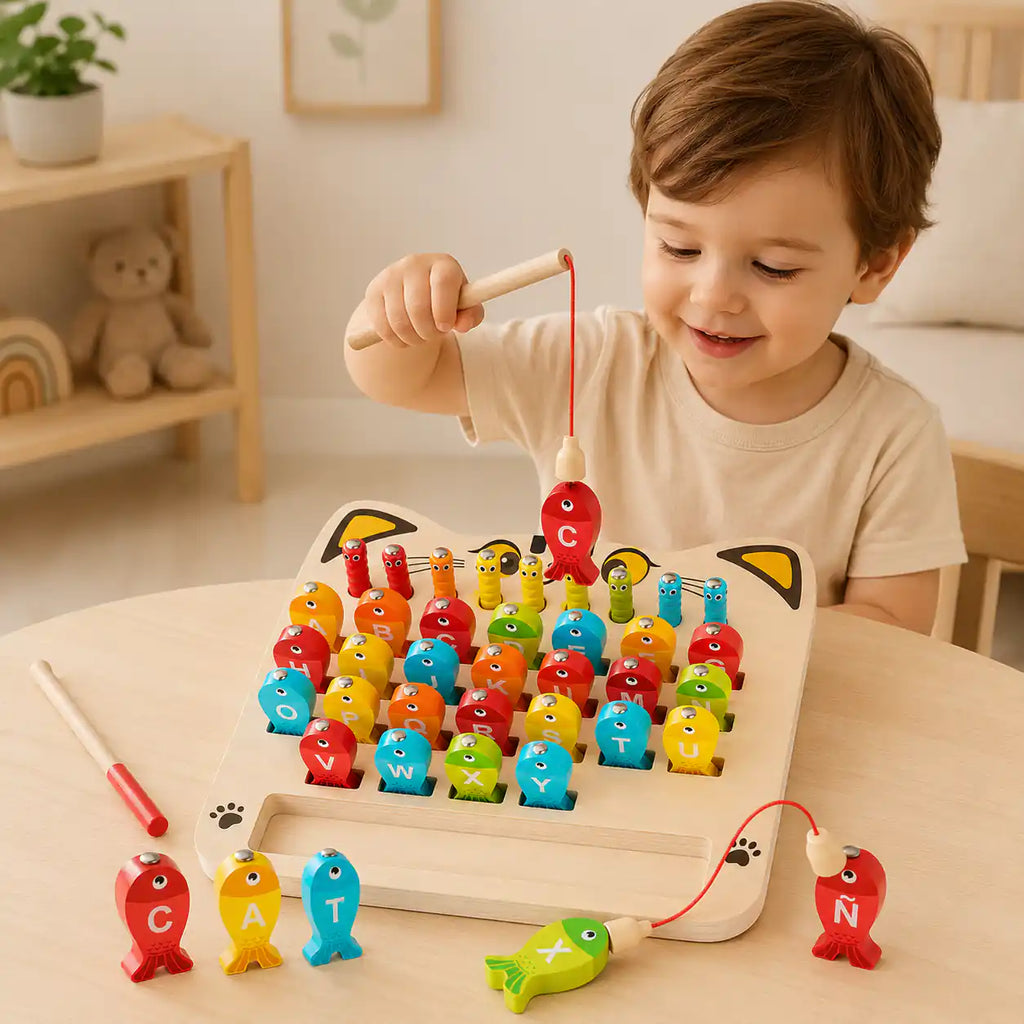 Toddler boy fishing for wooden alphabet letters with a magnetic fishing rod