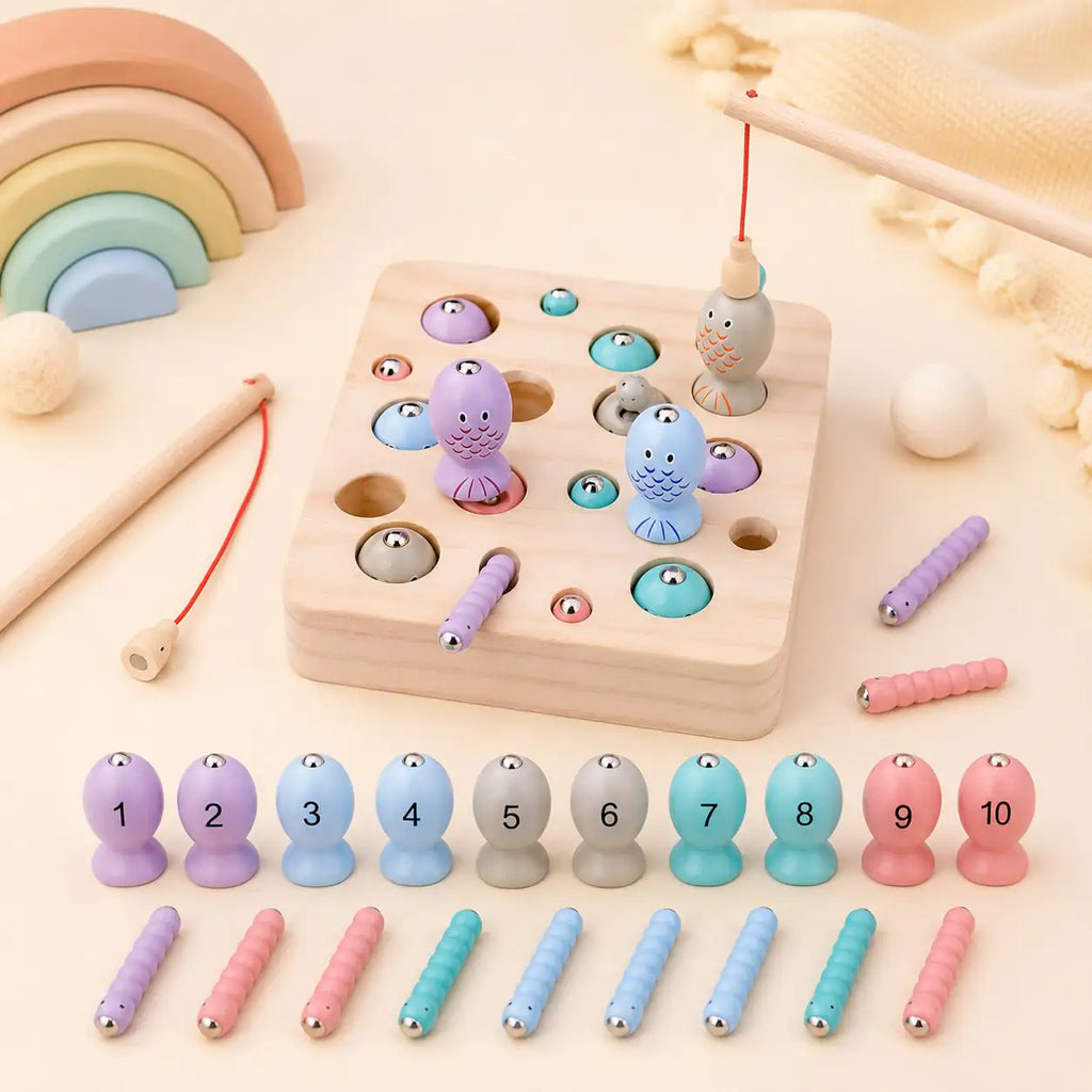 Toddler counting play with the wooden magnetic fishing game and pastel numbered fish