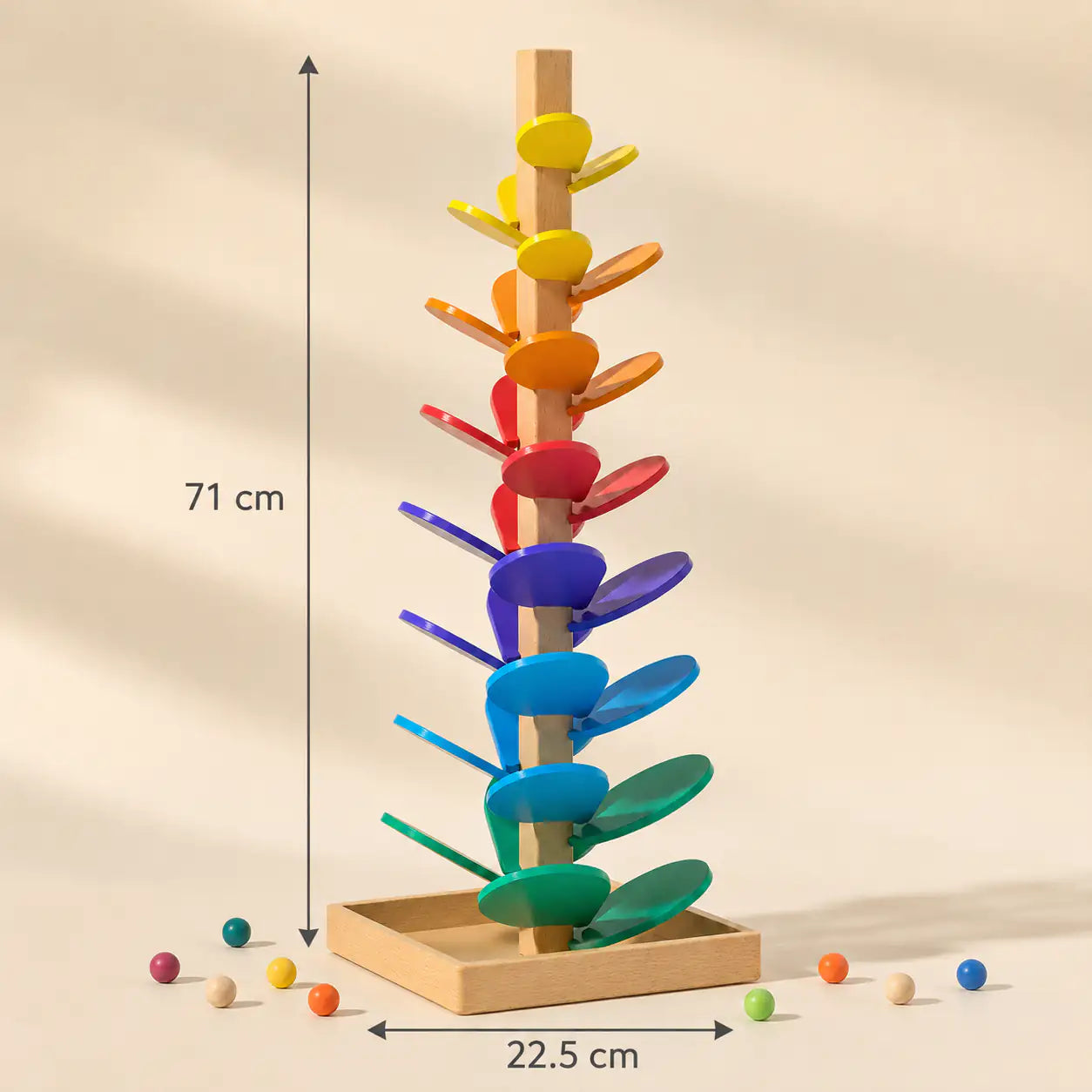 Wooden marble run music tree at 71 cm tall with size dimensions shown