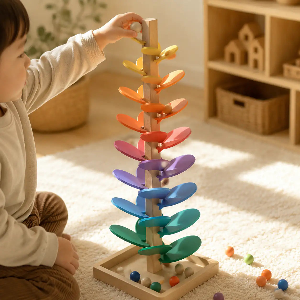 Color-sorted marbles racing down the rainbow tiers of the wooden marble run music tree