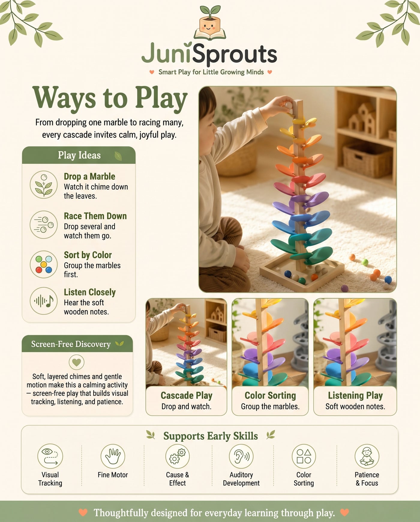 Wooden Marble Run Music Tree ways to play and early skills
