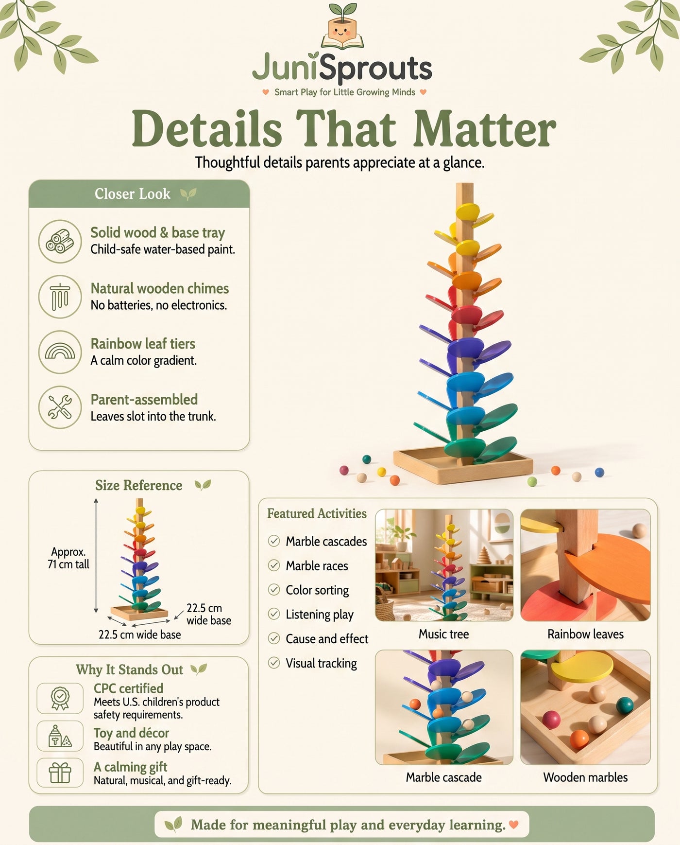 Wooden Marble Run Music Tree details and size reference