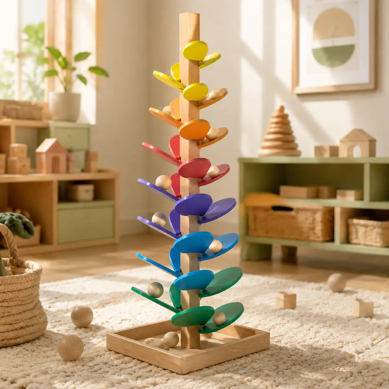 Marbles cascading through the rainbow leaf chimes of the wooden marble run music tree