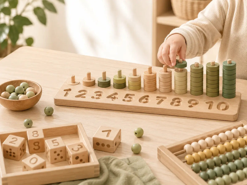 Wooden counting and math toys arranged on a soft neutral background — JuniSprouts math collection introducing numbers and early counting for toddlers