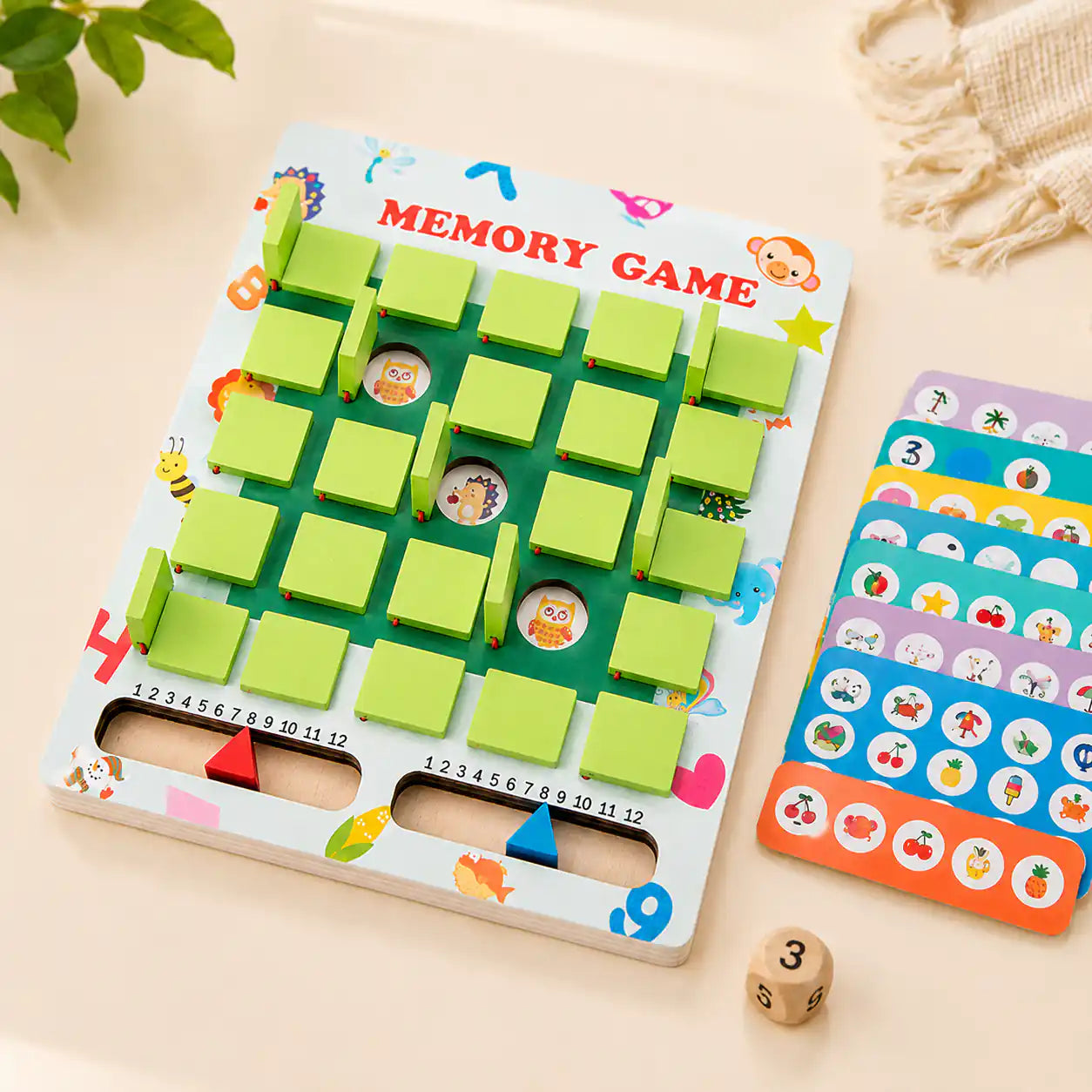 Wooden Memory Game board with all green tiles in place, showing the printed title and picture cards alongside