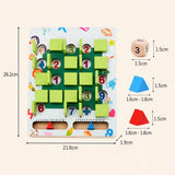 Dimensions diagram showing wooden memory game board at 26.2 cm by 21.8 cm by 1.9 cm, dice 1.5 cm, triangle markers 1.6 to 1.8 cm