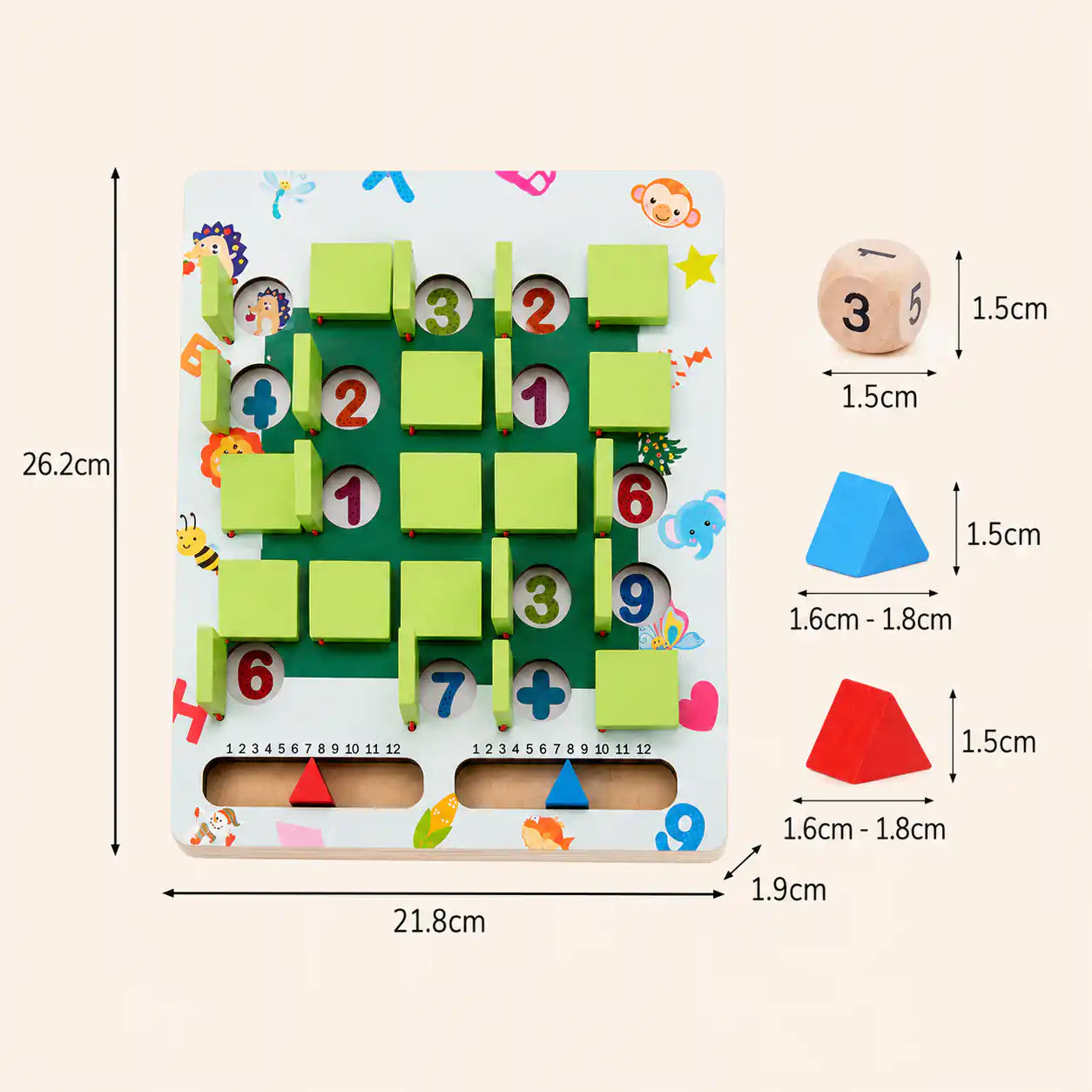 Dimensions diagram showing wooden memory game board at 26.2 cm by 21.8 cm by 1.9 cm, dice 1.5 cm, triangle markers 1.6 to 1.8 cm