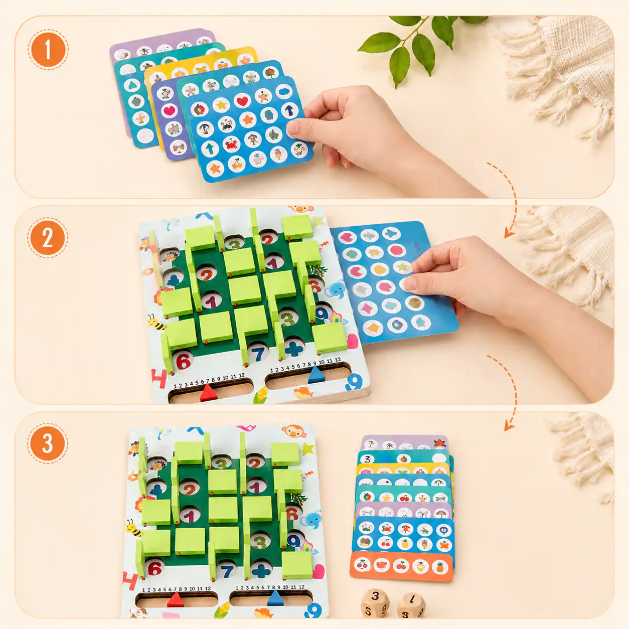 Wooden memory game play instructions panels 1 through 3 with picking a picture card, comparing it to the board, and matching hidden pictures