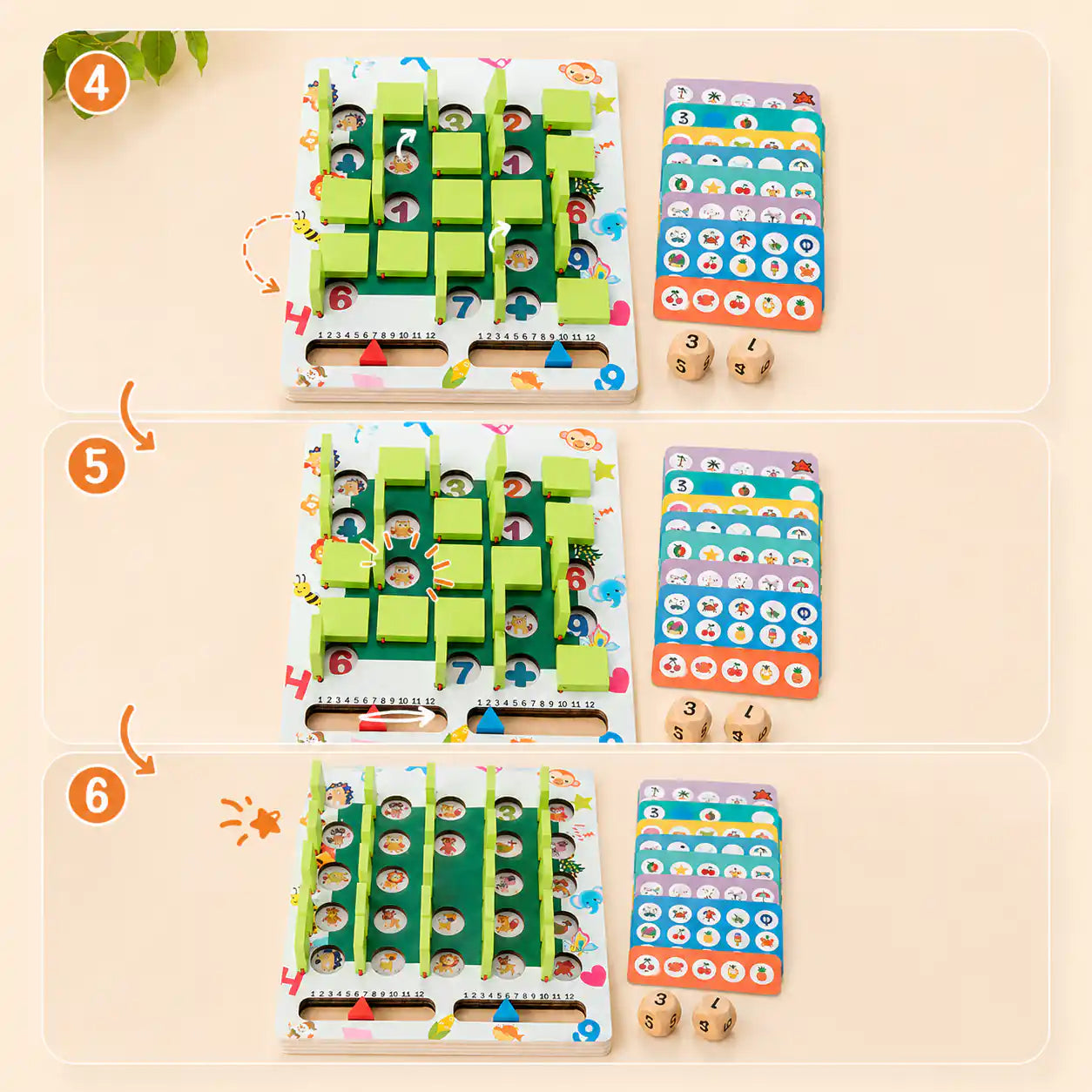 Wooden memory game play instructions panels 4 through 6 with sliding tiles, finding matches, and completing the game