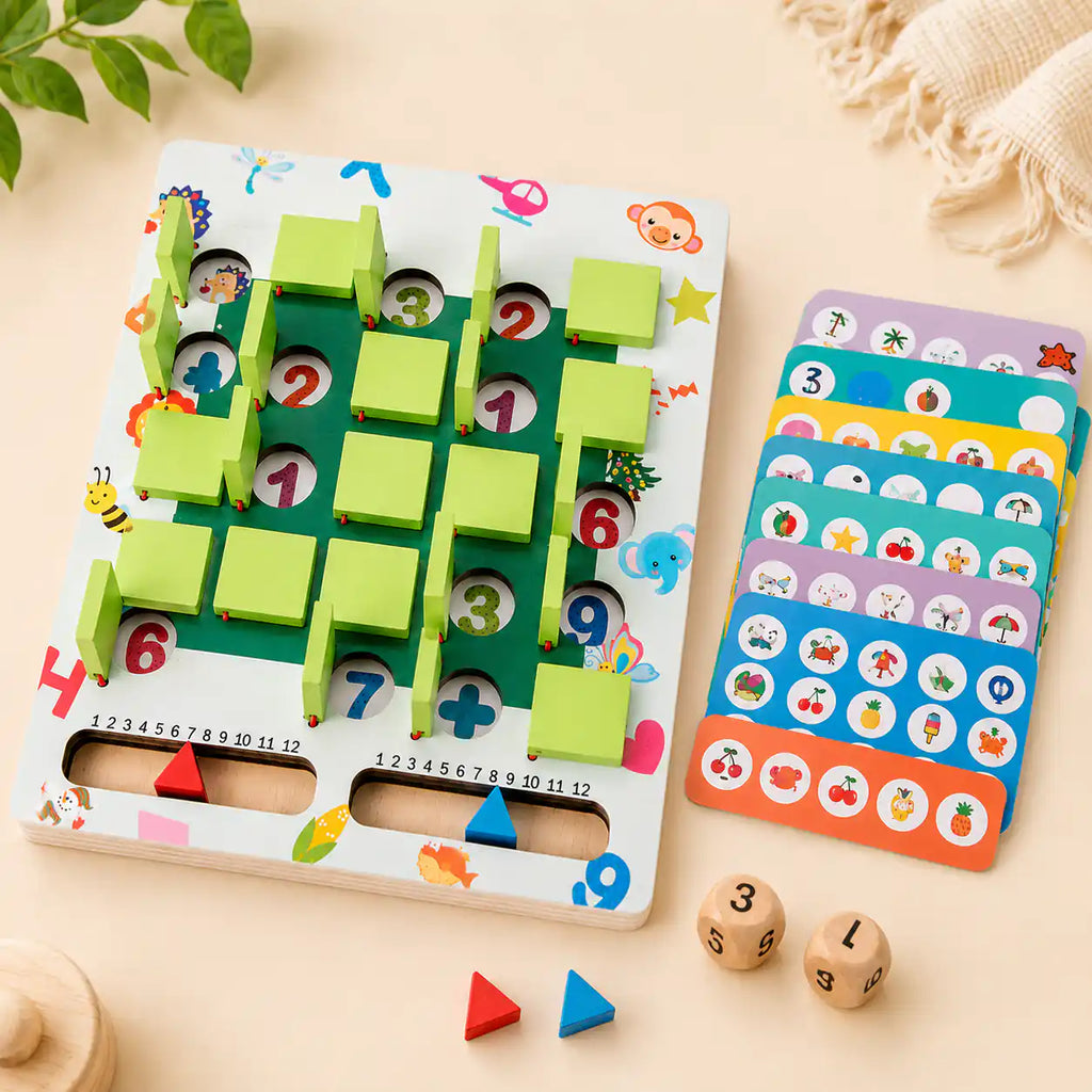 Wooden memory game board with sliding tiles, red and blue triangle scoring markers, picture cards, and two number dice