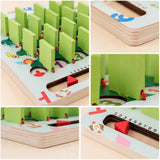 Close-up details of the wooden memory game showing the sliding green tile construction, red cord attachment, and rounded board edges