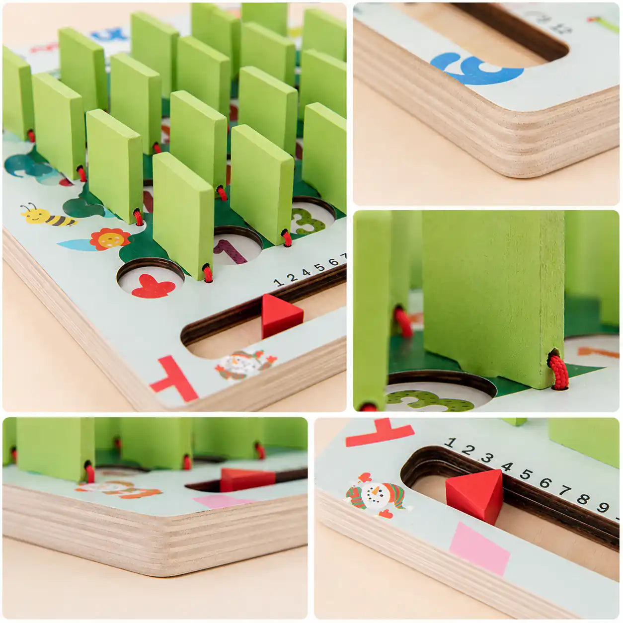 Close-up details of the wooden memory game showing the sliding green tile construction, red cord attachment, and rounded board edges