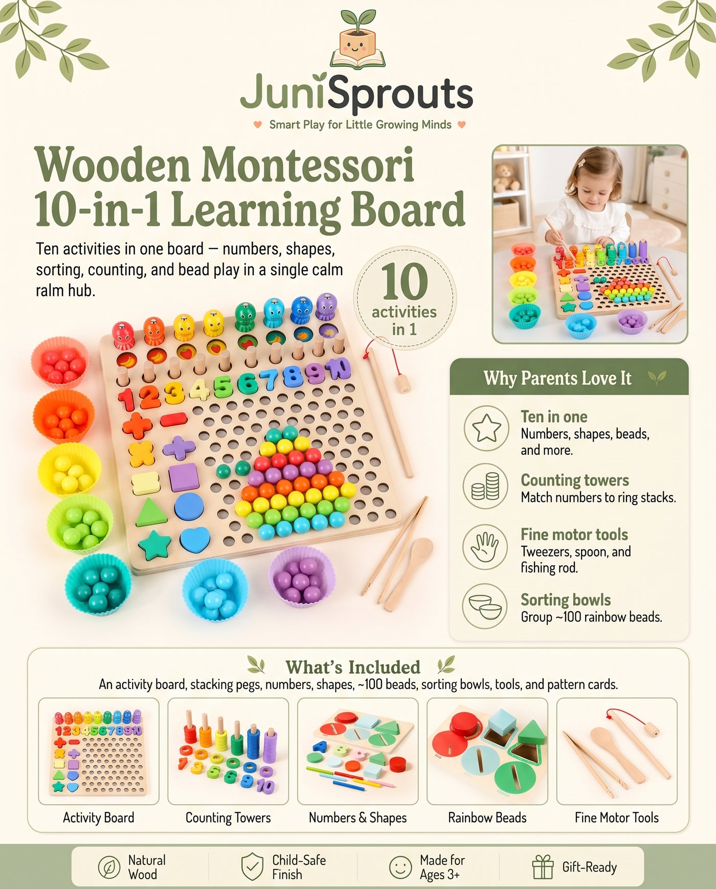 Wooden Montessori 10-in-1 Learning Board overview and what's included