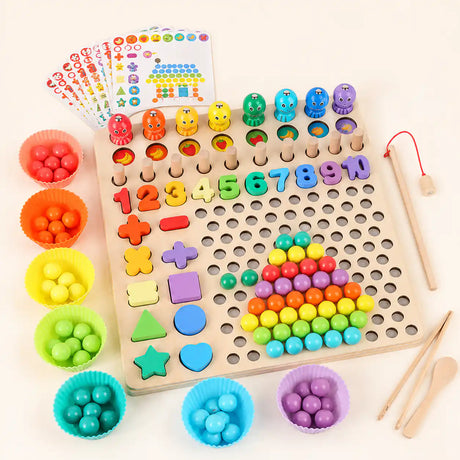 Top-down view of the wooden Montessori 10-in-1 learning board with stacked pattern cards, sorting bowls, all numbers, shapes, beads, fishing rod, and wooden tools