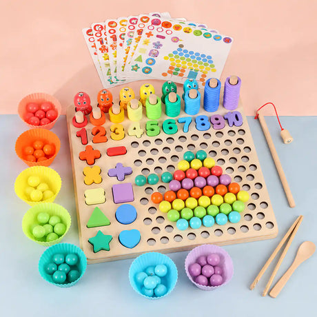 Wooden Montessori 10-in-1 learning board with sorting bowls, pattern cards, stacking number towers, wooden numbers, shapes, beads, fishing rod, and wooden tweezers on a pink and blue background