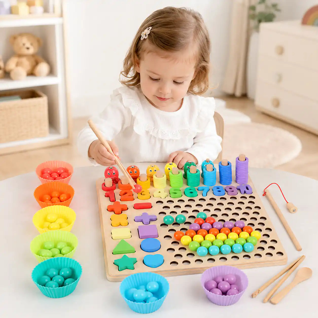 Toddler in a white blouse using wooden chopsticks to play with the wooden Montessori 10-in-1 learning board in a softly lit nursery with sorting bowls and stacking pegs