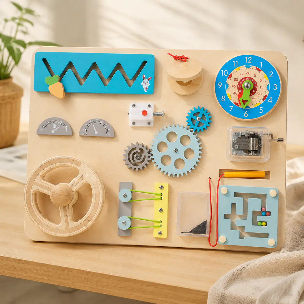 Wooden Montessori busy board with eleven hands-on activities including gears, clock and magnetic maze on a cream background