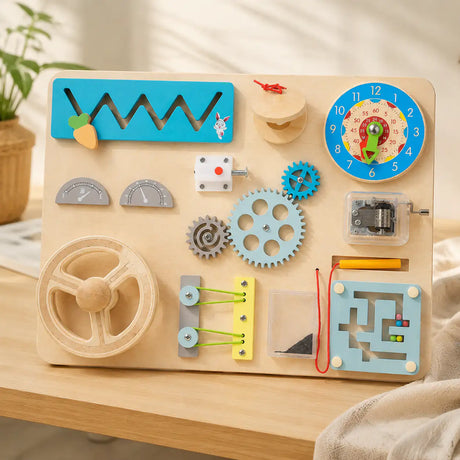 Wooden Montessori busy board with eleven hands-on activities including gears, clock and magnetic maze on a cream background