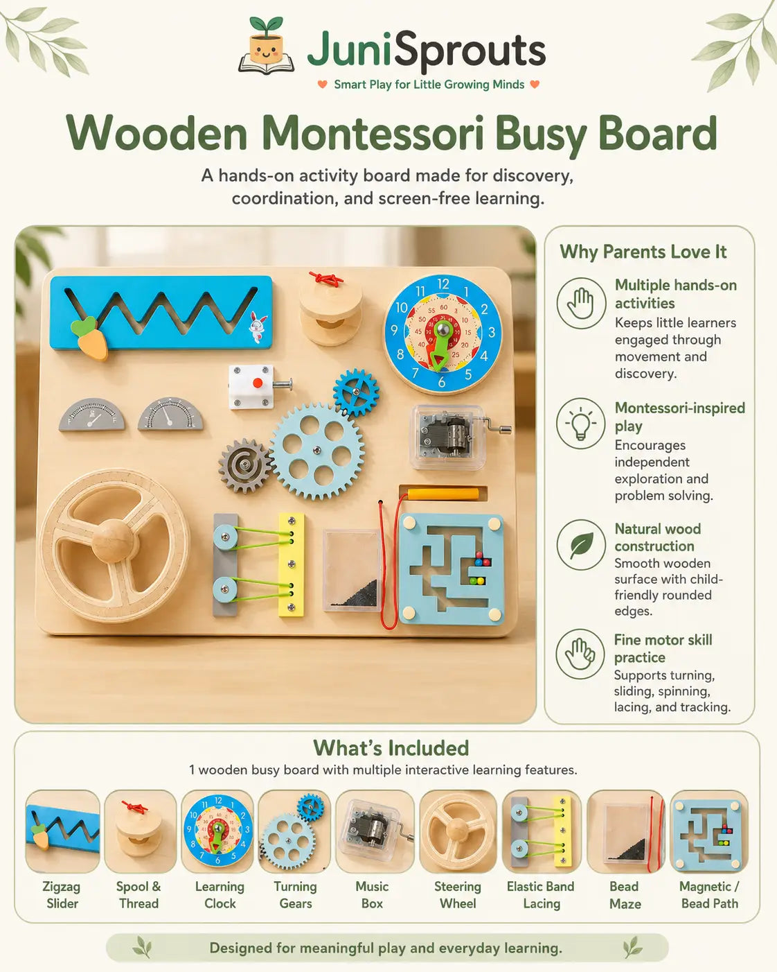 Wooden Montessori busy board with 11 activities including gears, teaching clock, music box and magnetic maze, a STEM activity toy for ages 2 and up.