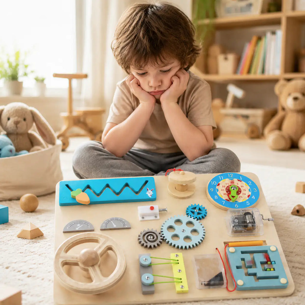 Wooden Montessori busy board feature breakdown showing the magnetic maze, music box and sensory sand window