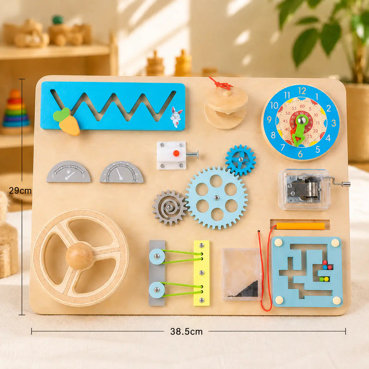 Wooden Montessori busy board with size dimensions shown for play shelf and tabletop use