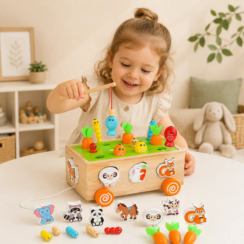 Animal shape sorting on the wooden Montessori harvest cart with matching wooden cut-outs
