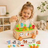 Animal shape sorting on the wooden Montessori harvest cart with matching wooden cut-outs