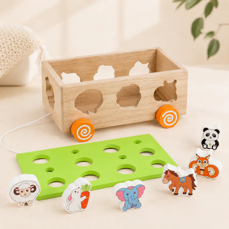 Wooden carrot harvest play with the Montessori harvest cart and felt-topped wooden carrots