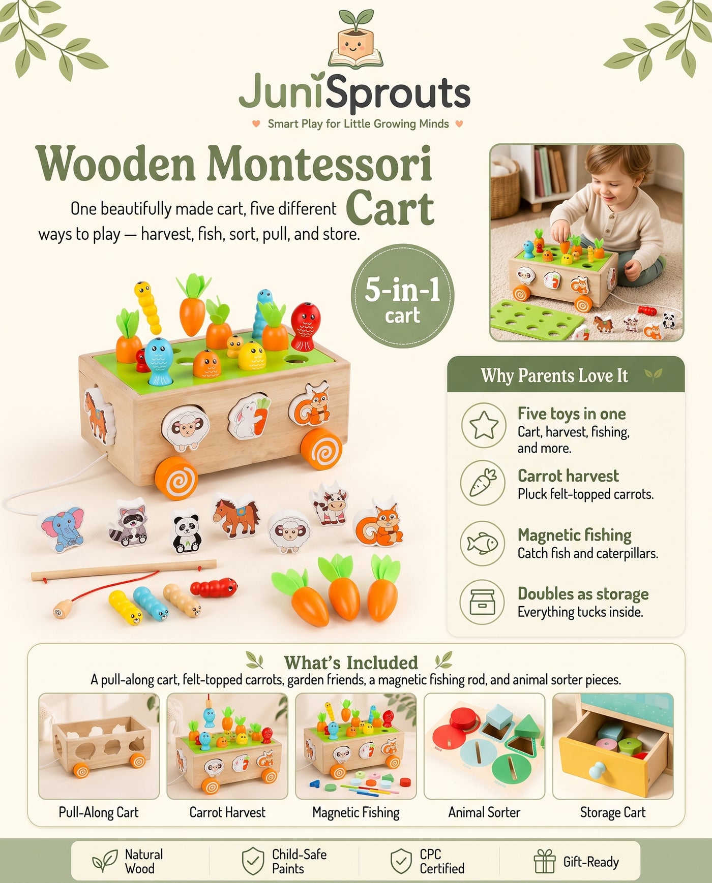 Wooden Montessori Harvest Cart overview and what's included