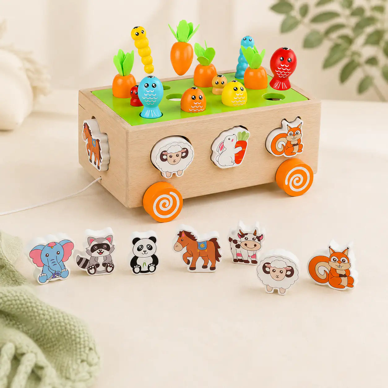 Wooden Montessori harvest cart styled in a calm, curated toddler playroom