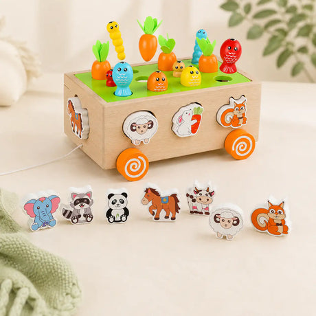 Wooden Montessori harvest cart styled in a calm, curated toddler playroom