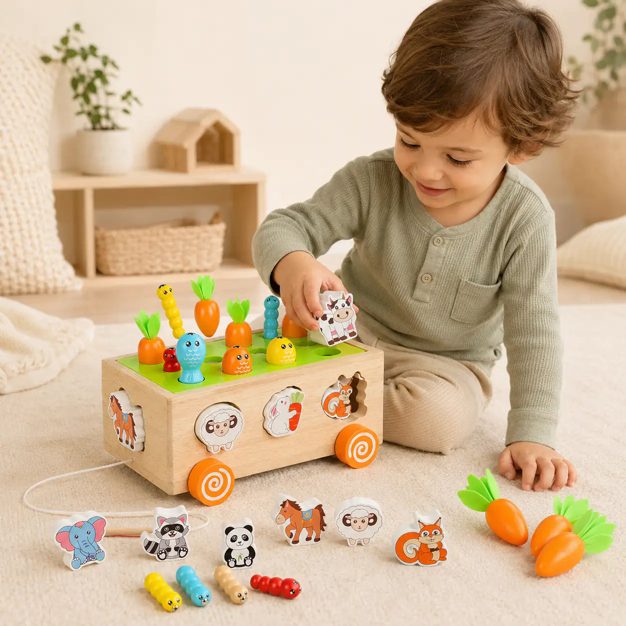 Wooden Montessori harvest cart being pulled along by its rope handle for pretend play