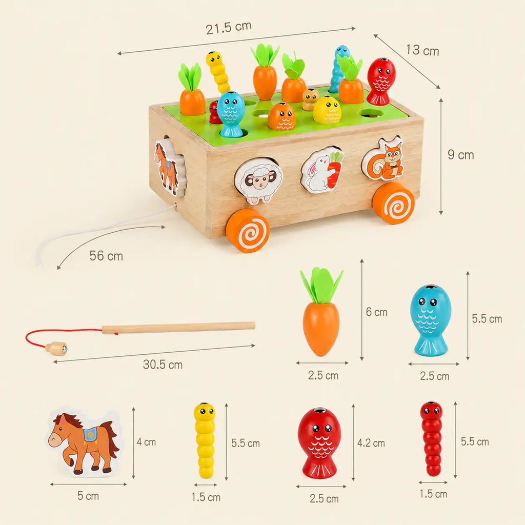 Wooden Montessori harvest cart with size dimensions shown including storage interior