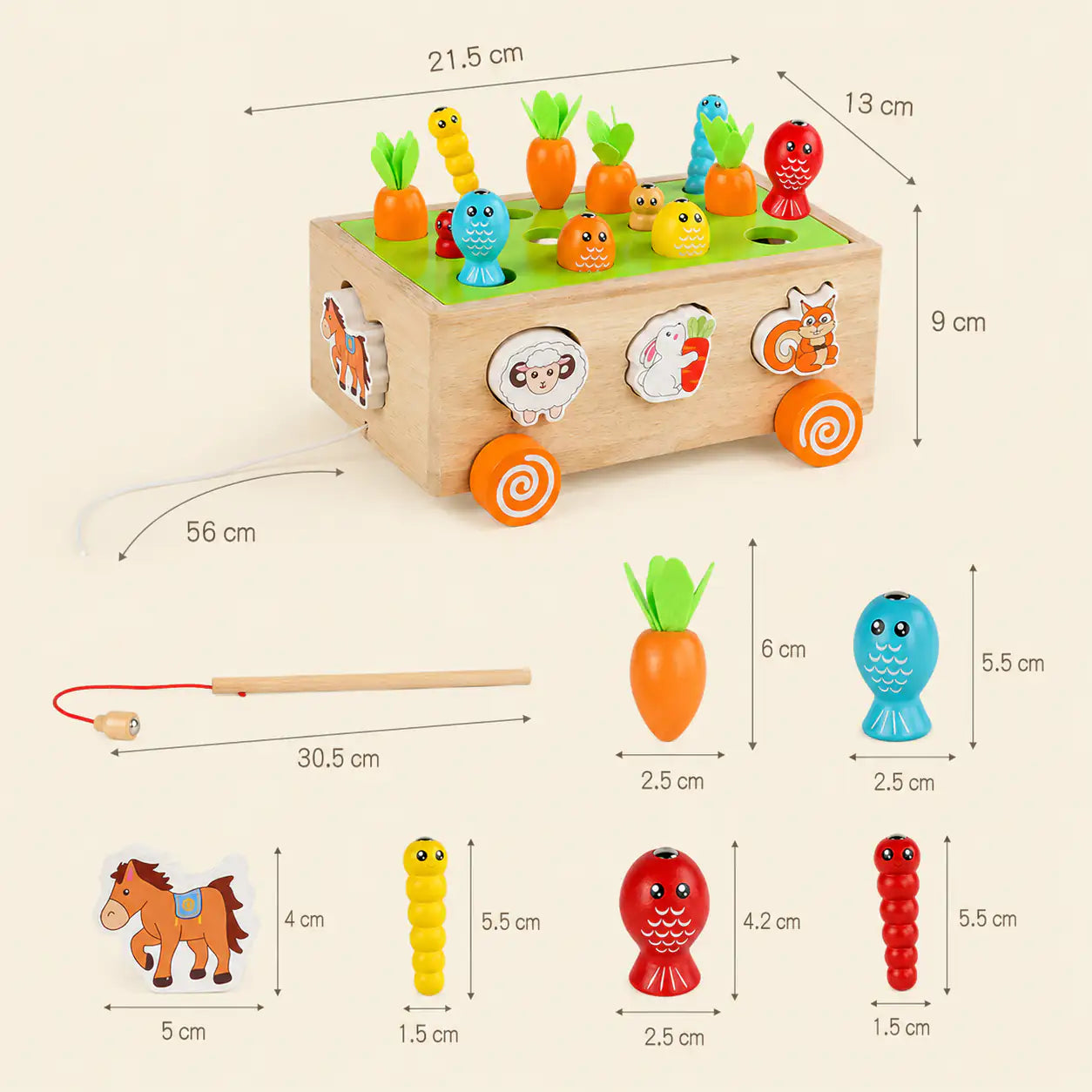 Wooden Montessori harvest cart with size dimensions shown including storage interior