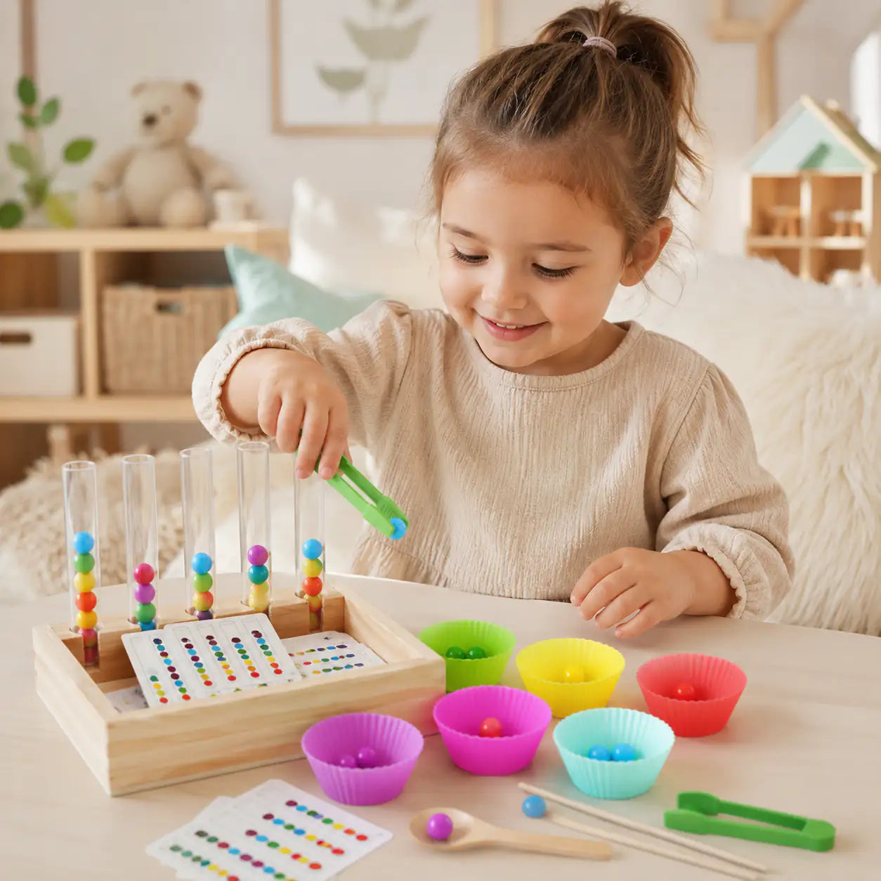 Rainbow bead pattern flashcards shown beside the wooden Montessori bead sorting set test tubes