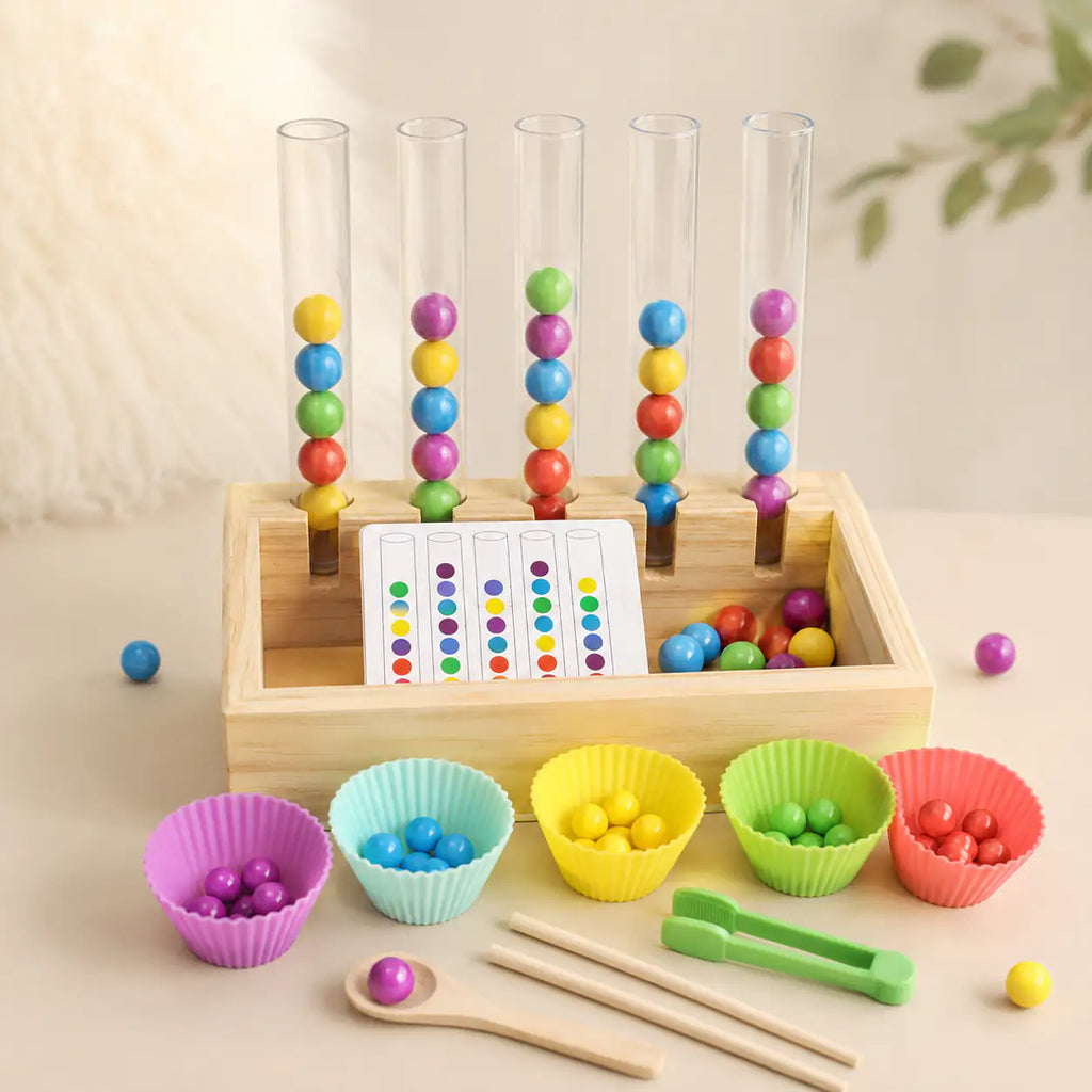 Wooden Montessori rainbow bead sorting set styled in a calm playroom learning corner