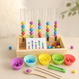 Wooden Montessori rainbow bead sorting set styled in a calm playroom learning corner