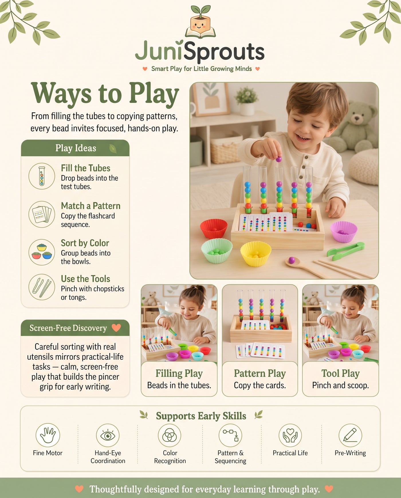 Wooden Montessori Rainbow Bead Sorting Set ways to play and early skills