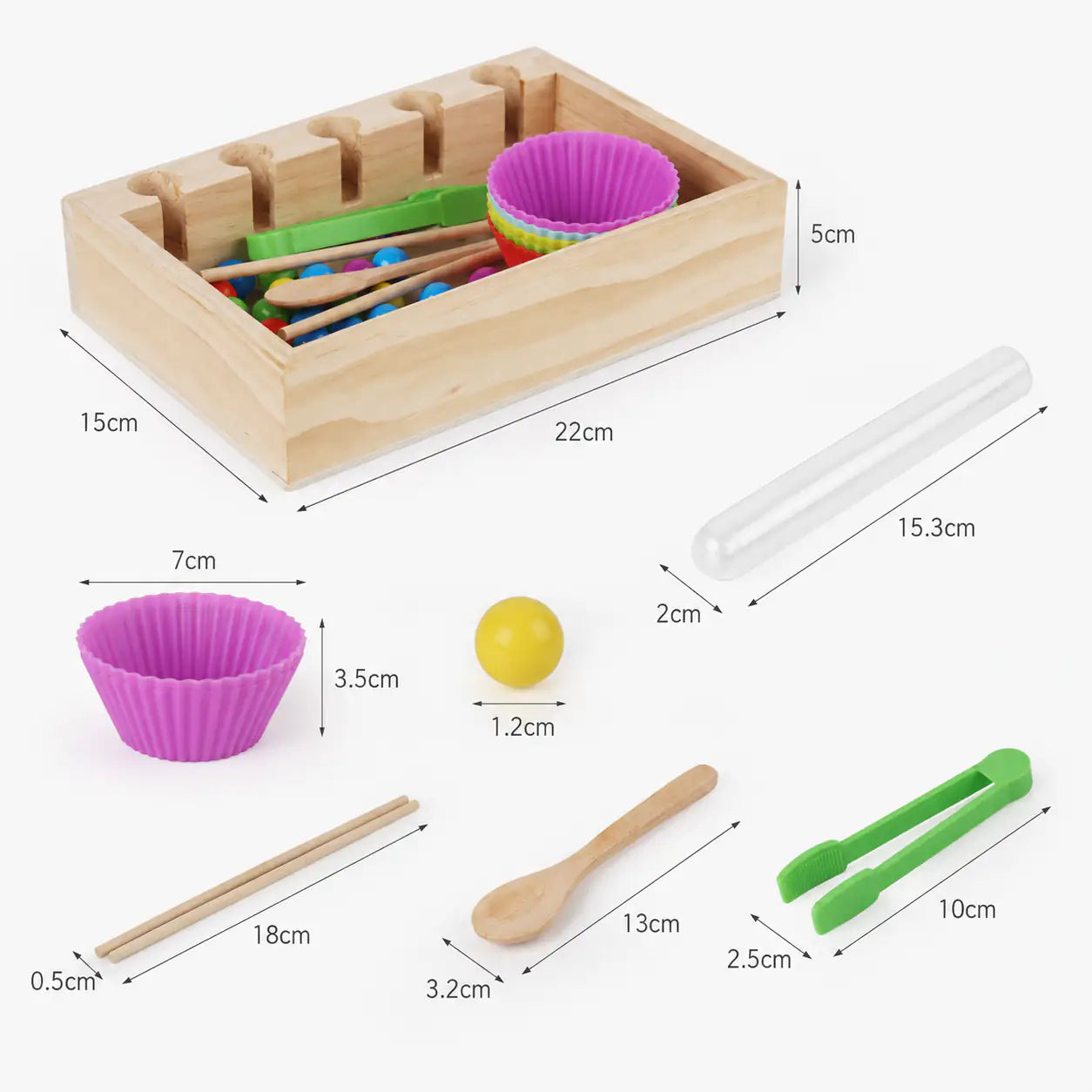Wooden Montessori rainbow bead sorting set with size dimensions shown for tabletop play