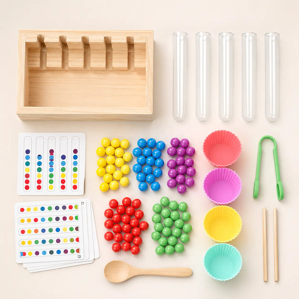 Wooden spoon, tongs and chopsticks fine motor tools included with the rainbow bead sorting set