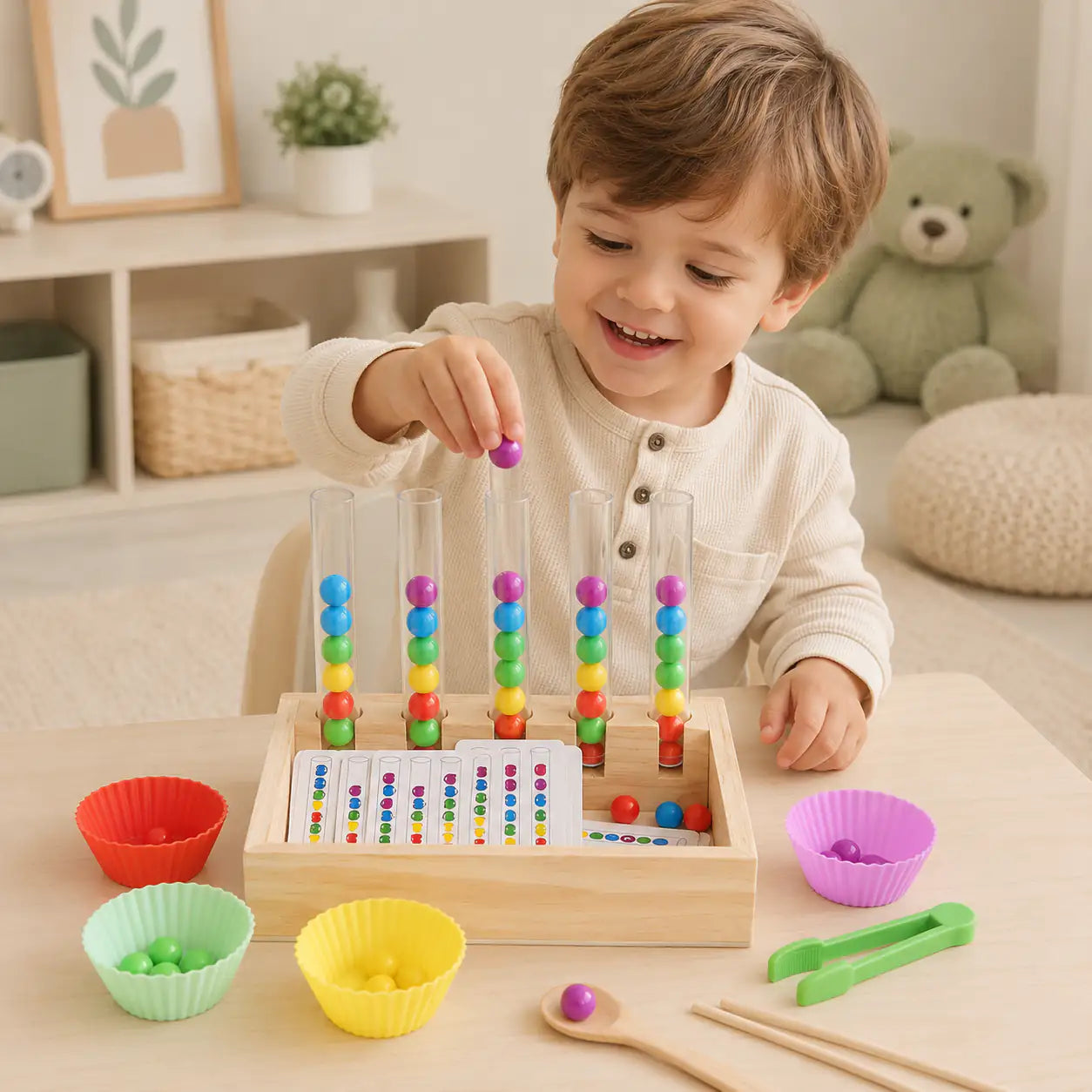 Test tubes filled with sorted rainbow beads matching the pattern cards on the bead sorting set