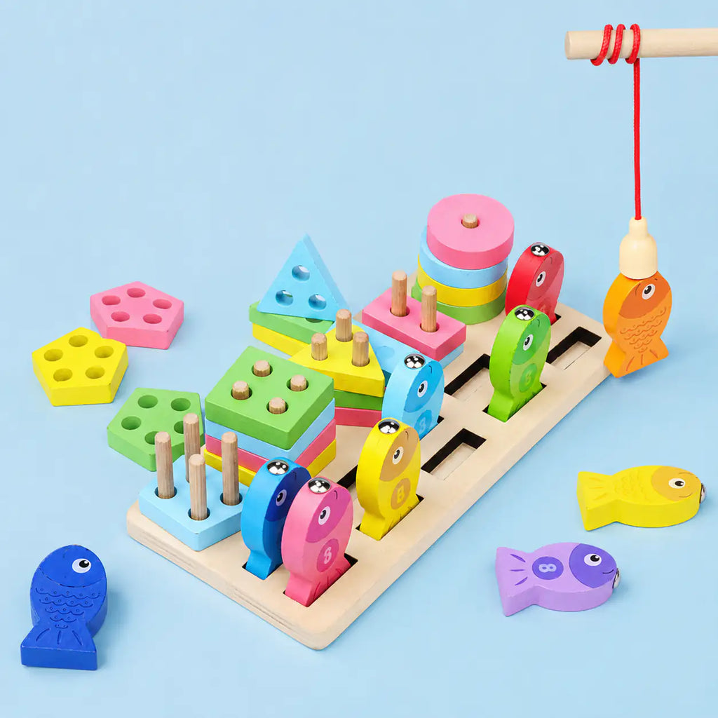 Close-up of the wooden geometric shape pieces, pegs and numbered fish slots on the activity board