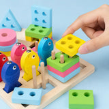 Wooden Montessori shape sorter and magnetic fishing board styled in a calm pastel playroom