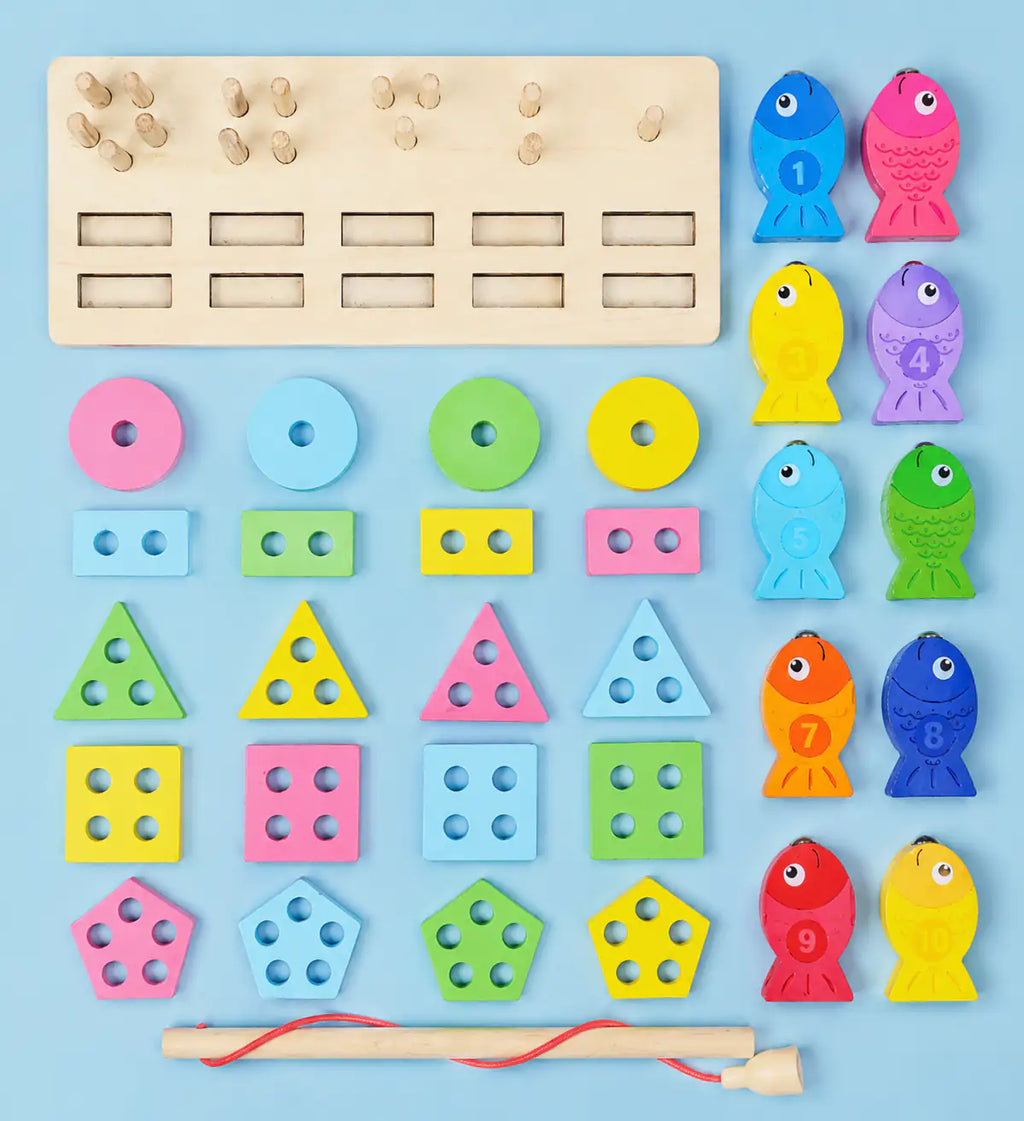 Shape stacking play with circle, rectangle, triangle, square and pentagon pieces on matching pegs