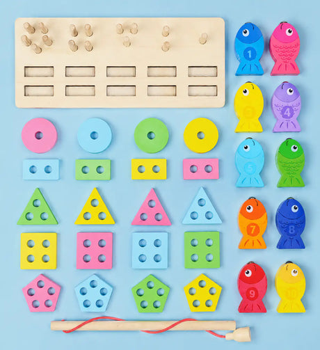 Shape stacking play with circle, rectangle, triangle, square and pentagon pieces on matching pegs