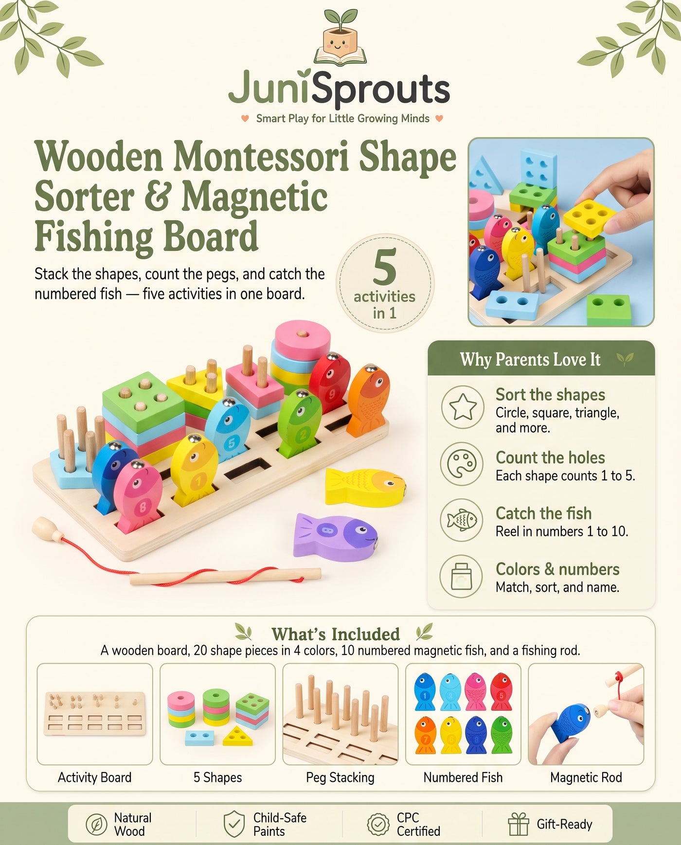 Wooden Montessori Shape Sorter & Magnetic Fishing Board overview and what's included