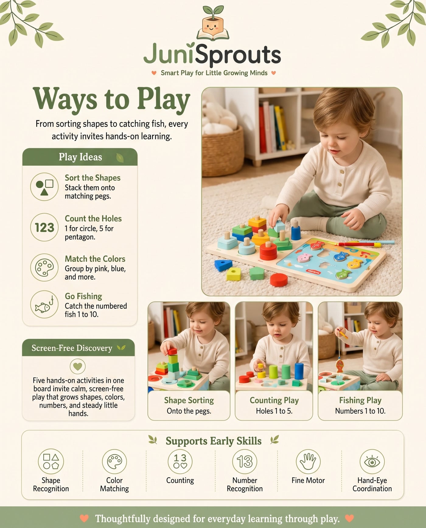 Wooden Montessori Shape Sorter & Magnetic Fishing Board ways to play and early skills