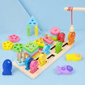 Wooden Montessori shape sorter and magnetic fishing board with pastel shapes, pegs and numbered fish on a cream background